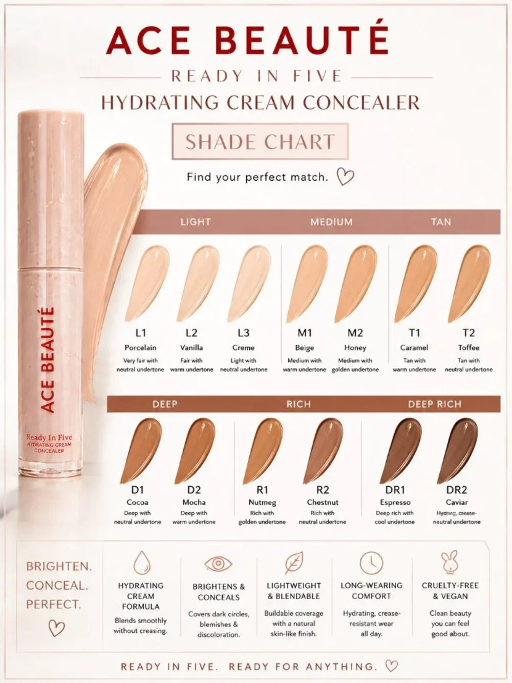 ACE BEAUTÉ Ready In Five Hydrating Cream Concealer L4 Full Size New Vegan